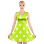 Polka Dots - White on Fluorescent Yellow V-Neck Sleeveless Dress