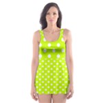 Polka Dots - White on Fluorescent Yellow Skater Dress Swimsuit