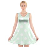 Polka Dots - White on Pale Green V-Neck Sleeveless Dress