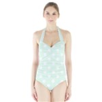 Polka Dots - White on Pale Green Women s Halter One Piece Swimsuit