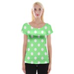 Polka Dots - White on Light Green Women s Cap Sleeve Top