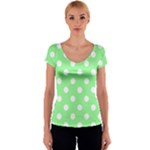 Polka Dots - White on Light Green Women s V-Neck Cap Sleeve Top