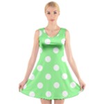 Polka Dots - White on Light Green V-Neck Sleeveless Dress