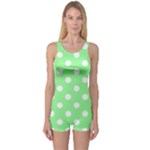 Polka Dots - White on Light Green One Piece Boyleg Swimsuit