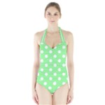 Polka Dots - White on Light Green Women s Halter One Piece Swimsuit
