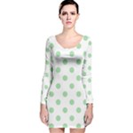 Polka Dots - Celadon Green on White Long Sleeve Velvet Bodycon Dress