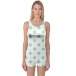 Polka Dots - Celadon Green on White One Piece Boyleg Swimsuit