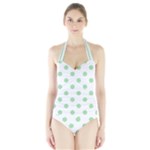 Polka Dots - Celadon Green on White Women s Halter One Piece Swimsuit