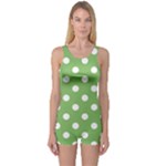 Polka Dots - White on Dollar Bill Green One Piece Boyleg Swimsuit