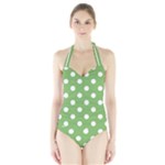 Polka Dots - White on Dollar Bill Green Women s Halter One Piece Swimsuit