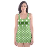 Polka Dots - White on Dollar Bill Green Skater Dress Swimsuit
