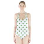 Polka Dots - Dollar Bill Green on White Women s Halter One Piece Swimsuit