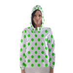 Polka Dots - Neon Green on White Hooded Wind Breaker (Women)