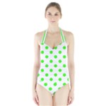 Polka Dots - Neon Green on White Women s Halter One Piece Swimsuit