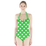 Polka Dots - White on Lime Green Women s Halter One Piece Swimsuit
