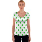 Polka Dots - Lime Green on White Women s V-Neck Cap Sleeve Top