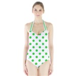 Polka Dots - Lime Green on White Women s Halter One Piece Swimsuit