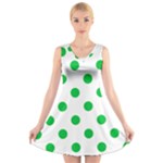 Polka Dots - Dark Pastel Green on White V-Neck Sleeveless Dress