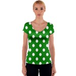 Polka Dots - White on Green Women s V-Neck Cap Sleeve Top