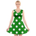 Polka Dots - White on Green V-Neck Sleeveless Dress