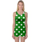Polka Dots - White on Green One Piece Boyleg Swimsuit