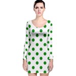 Polka Dots - Green on White Long Sleeve Velvet Bodycon Dress