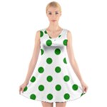 Polka Dots - Green on White V-Neck Sleeveless Dress