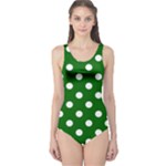 Polka Dots - White on Dark Green One Piece Swimsuit