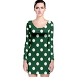 Polka Dots - White on Forest Green Long Sleeve Velvet Bodycon Dress