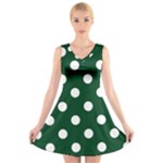Polka Dots - White on Forest Green V-Neck Sleeveless Dress