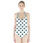 Polka Dots - Forest Green on White Women s Halter One Piece Swimsuit