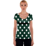 Polka Dots - White on Deep Green Women s V-Neck Cap Sleeve Top