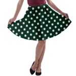 Polka Dots - White on Deep Green A-line Skater Skirt