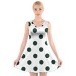 Polka Dots - Deep Green on White V-Neck Sleeveless Dress