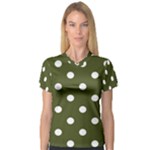 Polka Dots - White on Army Green Women s V-Neck Sport Mesh Tee