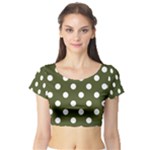 Polka Dots - White on Army Green Short Sleeve Crop Top (Tight Fit)