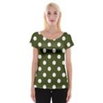 Polka Dots - White on Army Green Women s Cap Sleeve Top