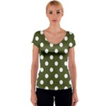 Polka Dots - White on Army Green Women s V-Neck Cap Sleeve Top