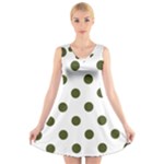 Polka Dots - Army Green on White V-Neck Sleeveless Dress