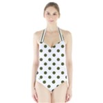 Polka Dots - Army Green on White Women s Halter One Piece Swimsuit