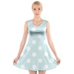 Polka Dots - White on Light Cyan V-Neck Sleeveless Dress