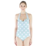 Polka Dots - White on Light Cyan Women s Halter One Piece Swimsuit