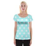 Polka Dots - White on Celeste Cyan Women s Cap Sleeve Top