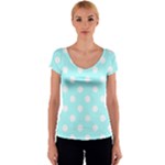 Polka Dots - White on Celeste Cyan Women s V-Neck Cap Sleeve Top