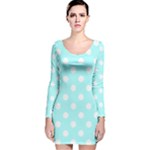 Polka Dots - White on Celeste Cyan Long Sleeve Velvet Bodycon Dress