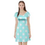 Polka Dots - White on Celeste Cyan Short Sleeve Skater Dress