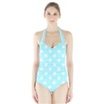 Polka Dots - White on Celeste Cyan Women s Halter One Piece Swimsuit