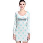 Polka Dots - Celeste Cyan on White Long Sleeve Velvet Bodycon Dress