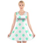 Polka Dots - Aquamarine on White V-Neck Sleeveless Dress