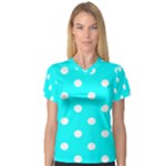 Polka Dots - White on Aqua Cyan Women s V-Neck Sport Mesh Tee